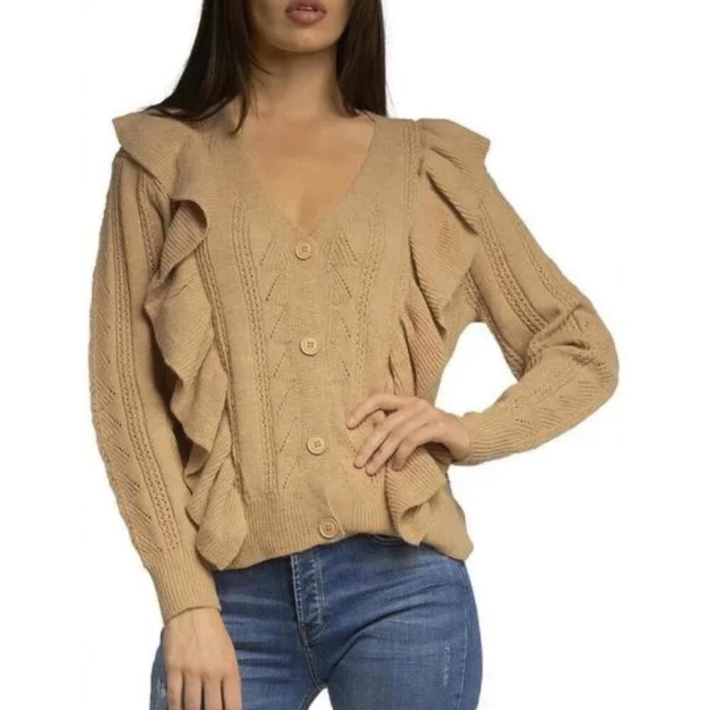 Elan Camel Tan Ruffle Trim Button Front Cardigan Sweater - Size - Small